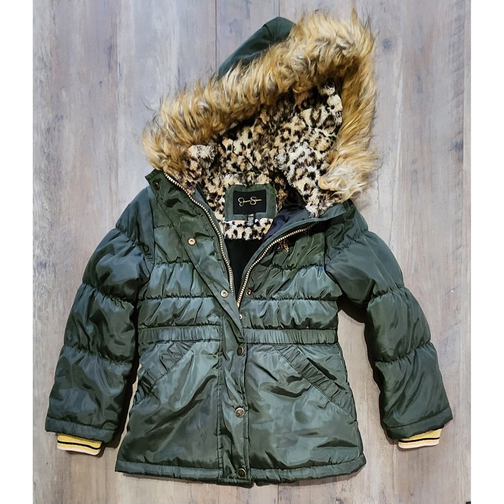 Jessica Simpson Olive Green & Leopard Fur Lined Coat L/6x Kids